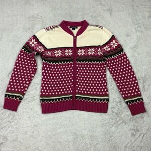 Lands End Fair Isle Knit Cardigan Full Zip Magenta Cream‎ Girls Size 14 Nordic